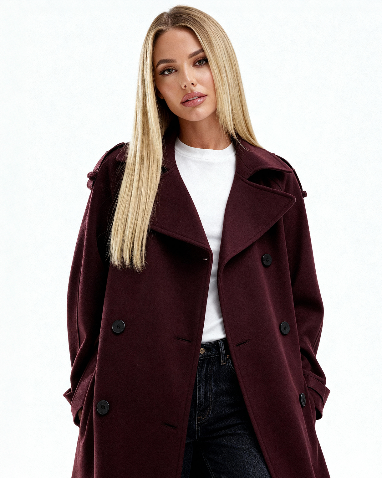 NORVIAS | Elegant Wine Red Trench Coat