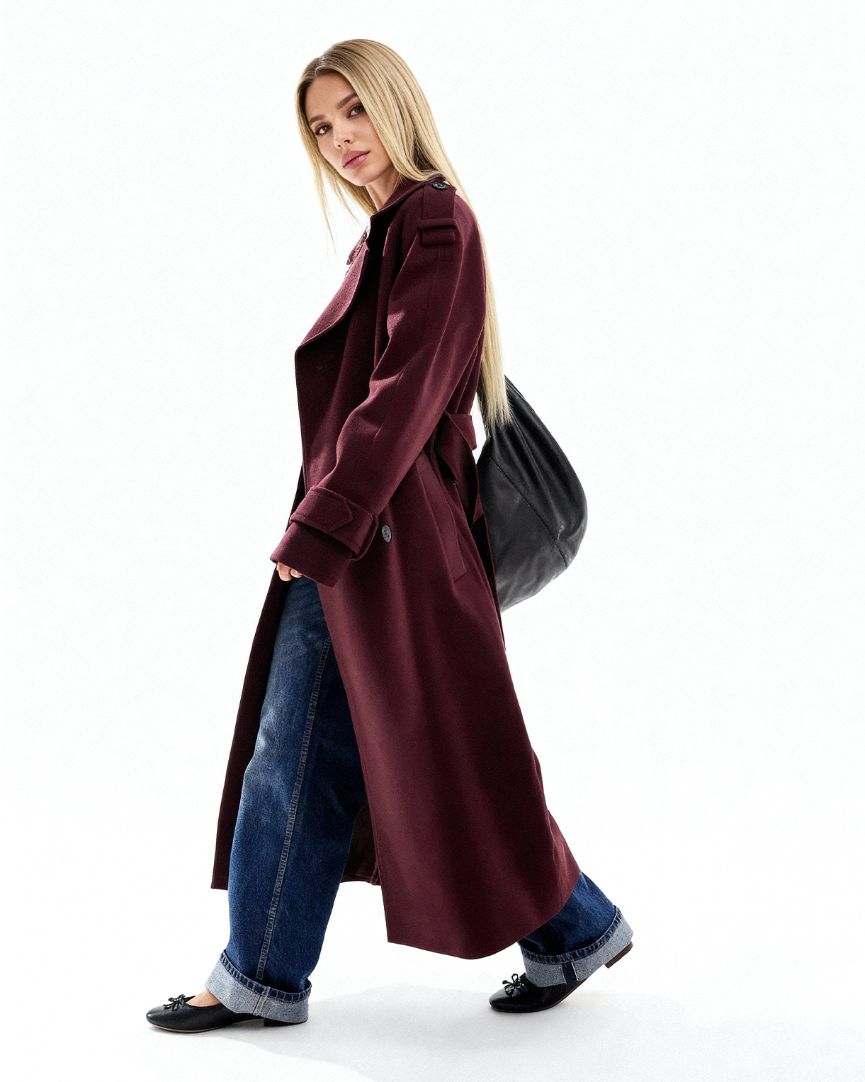 NORVIAS | Elegant Wine Red Trench Coat
