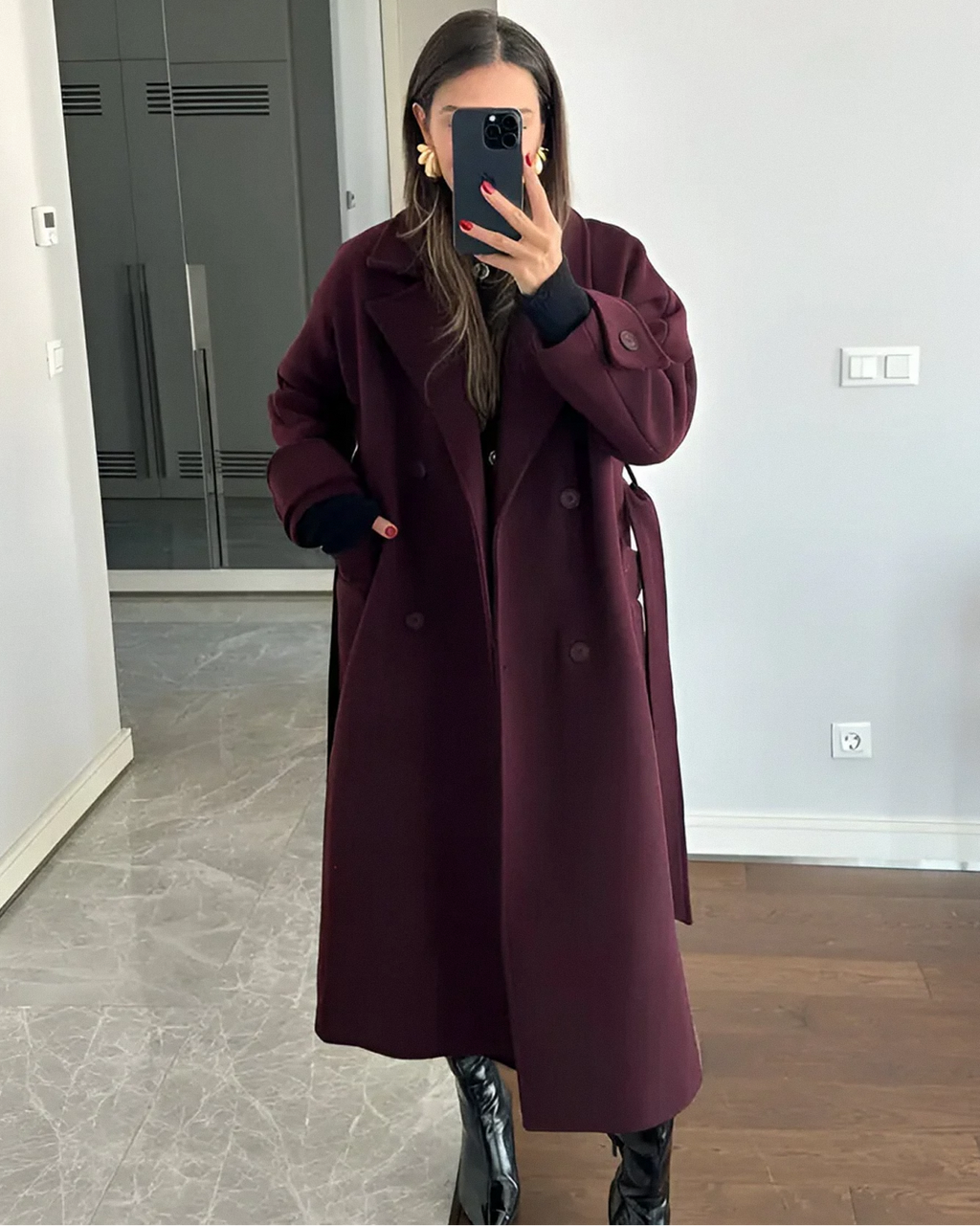 NORVIAS | Elegant Wine Red Trench Coat