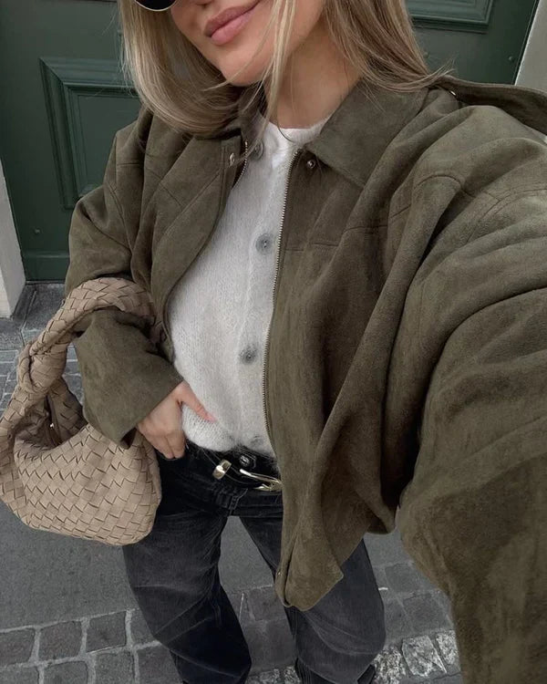 NORVIAS | Faux Velour Bomber Jacket