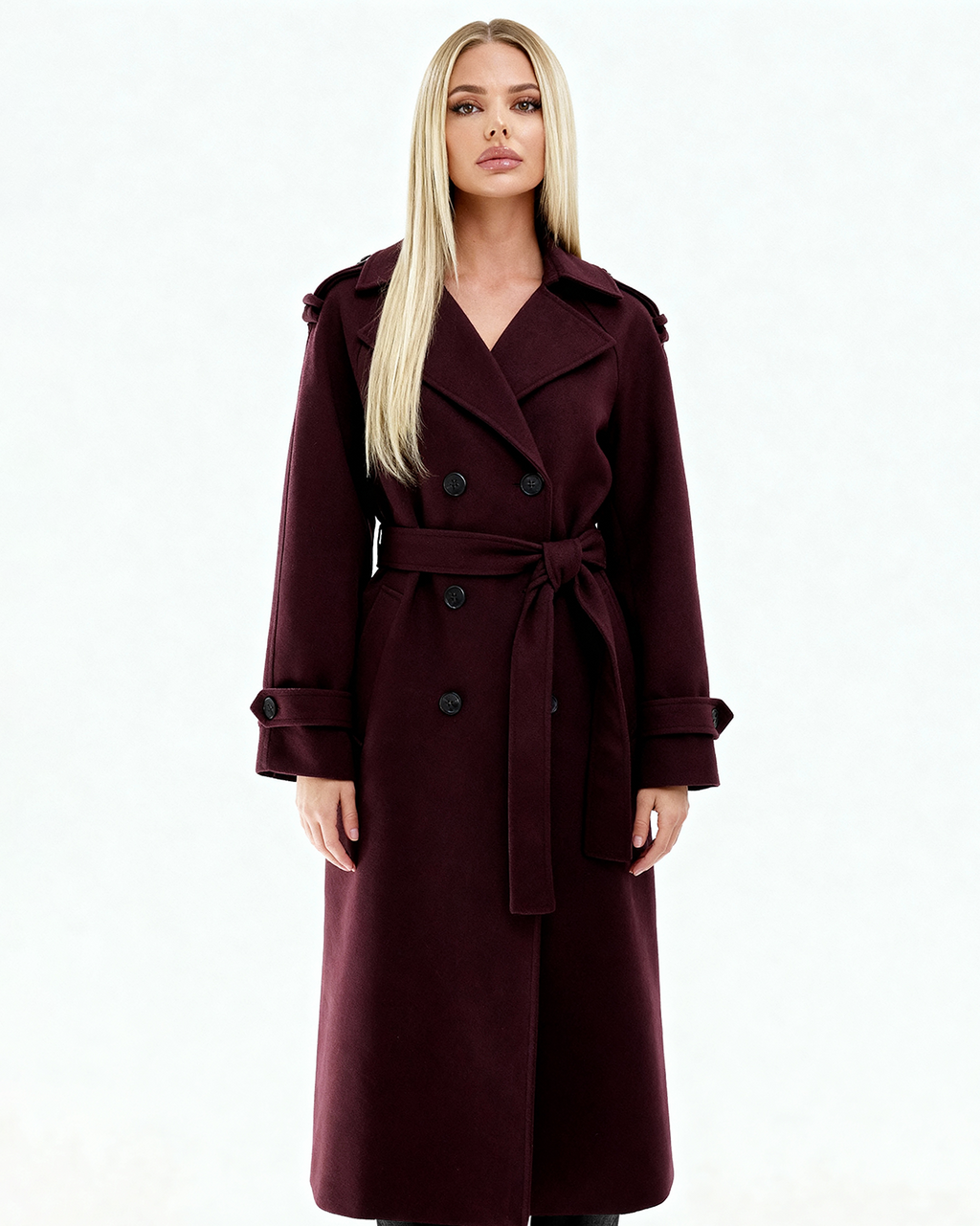 NORVIAS | Elegant Wine Red Trench Coat