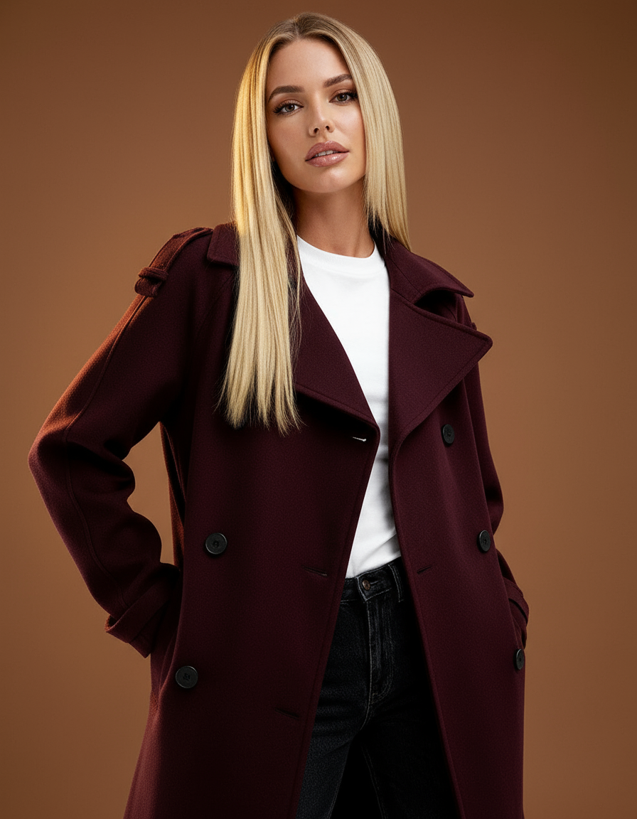 NORVIAS | Elegant Wine Red Trench Coat